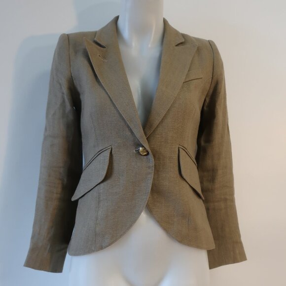 Womens Smythe 100% Linen Dark Khaki One Button Duchess Blazer 4 - Picture 1 of 10